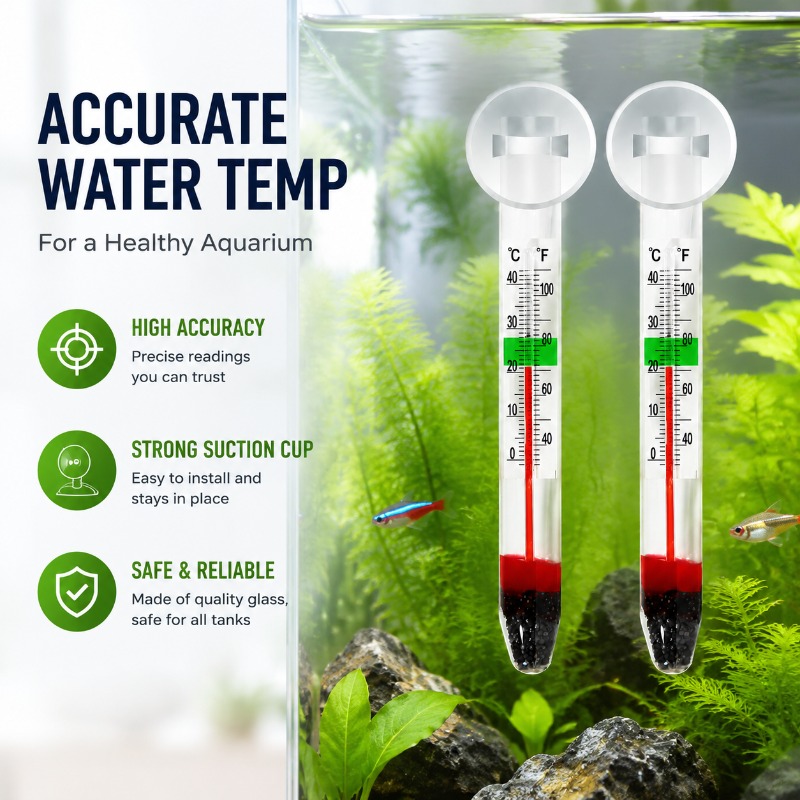 Planted Aquarium Temperature - เทอร์โมมิเตอร์วัดอุณหภูมิน้ำแบบกระจกพร้อมถ้วยดูดสูญญากาศ ความแม่นยำสูง สำหรับตู้ปลา ตู้เต่า และตู้ไม้น้ำ